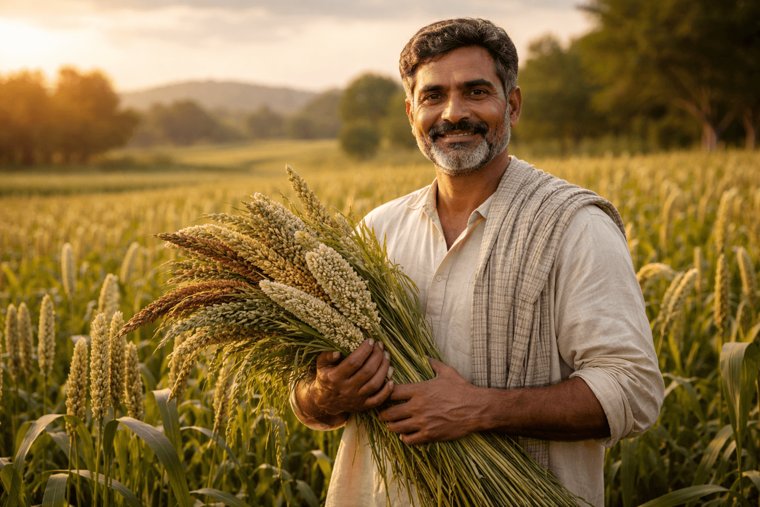 Illustrated farmer in a millet field
